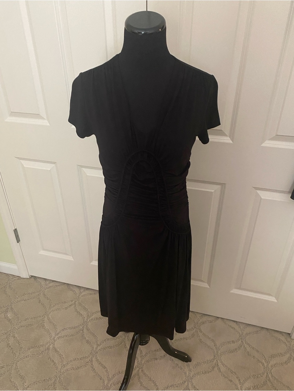 Escada Black Short-Sleeve Midi Dress with Ruched Detail